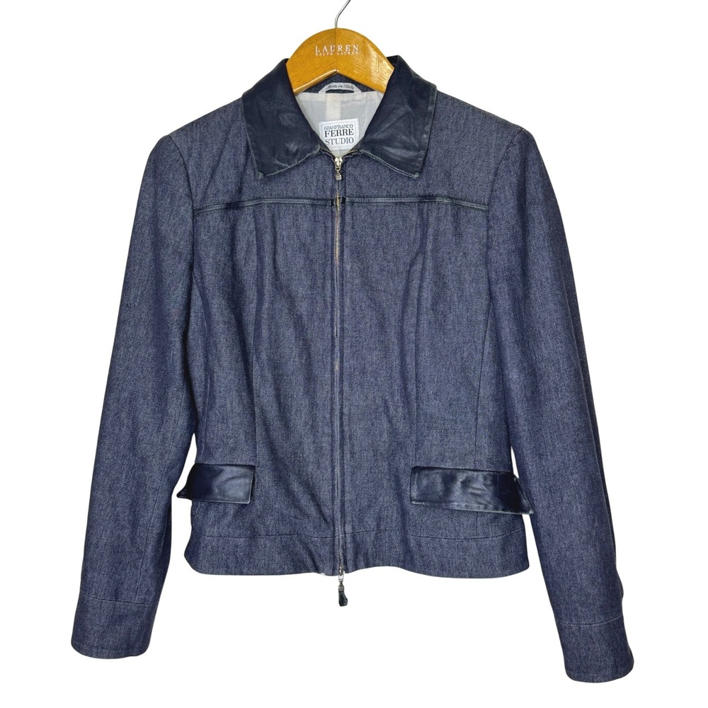 Vintage Gianfranco Ferre Studio Zip Front Jacket Leather Trim Distressed Small